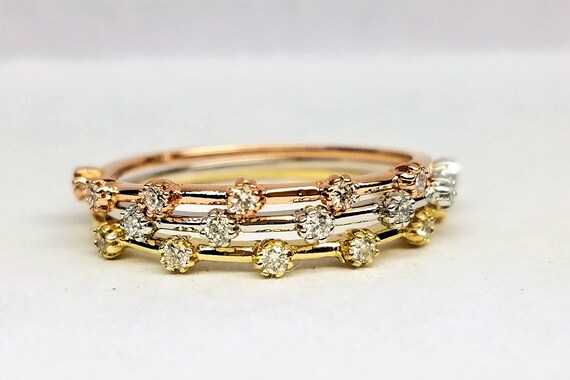 Dainty Diamond Wedding Band, Stackable Rings, Tricolor Diamond Engagement Ring, Three color Diamond Ring, Minimalist ring