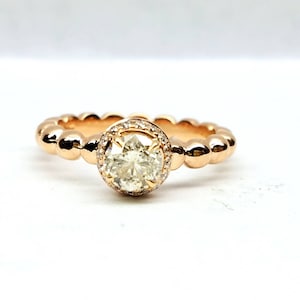 Rose Gold Diamond Engagement Ring: Beaded Band, Solitaire Style