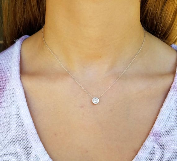 Diamond slider necklace, Diamond necklace, diamond halo necklace, 14k White Gold Diamond floating necklace.
