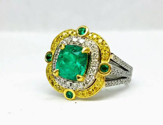 Two Tone Colombian Emerald Ring, Double Halo Diamond Engagement Ring, Emerald Engagement Ring, Emerald Ring,