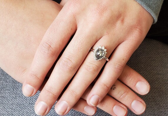 Salt and Pepper Pear Shape Diamond Engagement Ring.