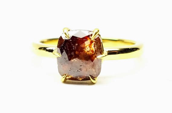 Cushion cut rough diamond ring, Chocolate diamond engagement ring, 18 karat gold engagement ring, Raw diamond ring.