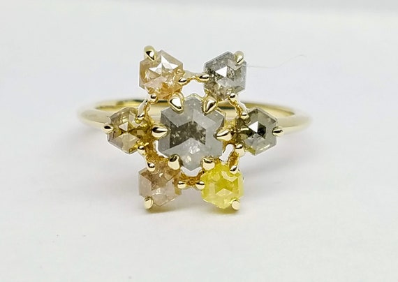 Multicolor diamond cluster ring, 14kt yellow gold geometric diamond ring.
