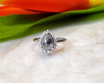 Salt and Pepper Pear Shape Diamond Engagement Ring.