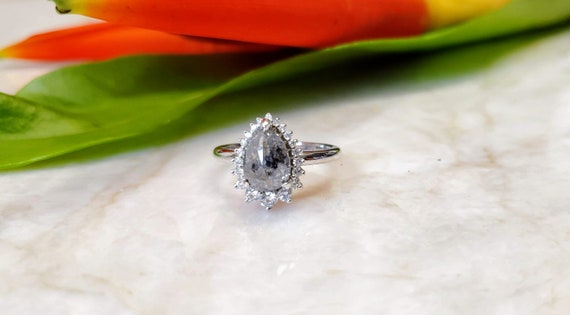 Salt and Pepper Pear Shape Diamond Engagement Ring.