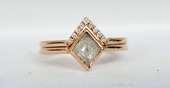 Salt and Pepper Geometric Kite Shape Diamond Rose Gold Ring.