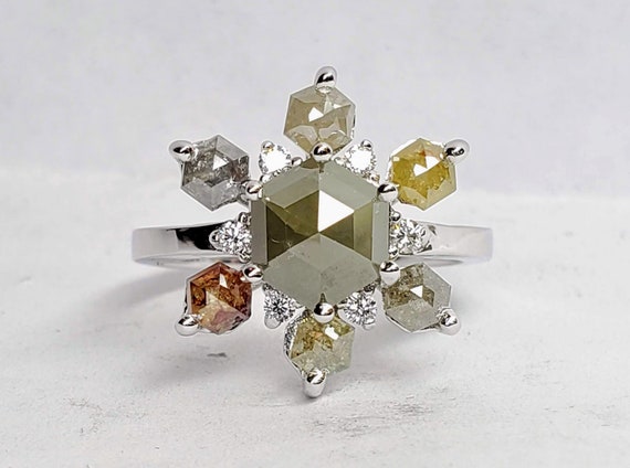 Cluster Diamond Ring / Solid 14 k Gold / Natural Diamonds, Hexagon rose cut diamond ring.