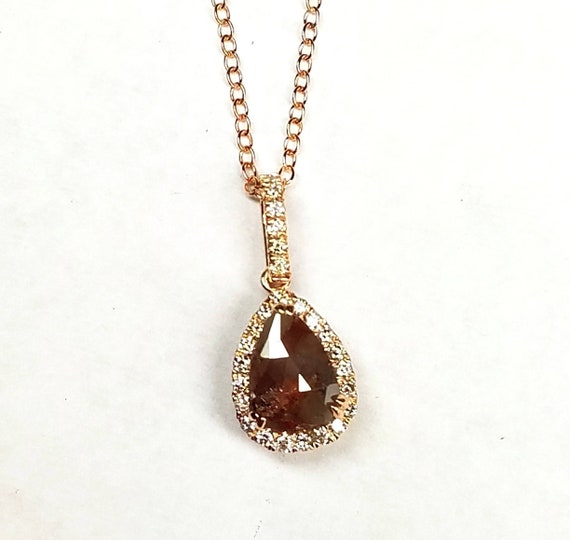 Raw rustic rough rose cut diamond pendant, Pear shape diamond necklace, Chocolate color diamond pendant, Rose gold pendant.