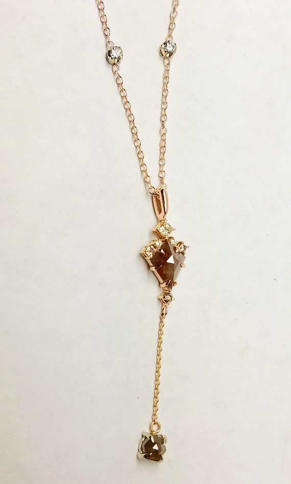 Rose gold raw champagne color diamond pendant, Geometric pendant, Kite shape diamond necklace.