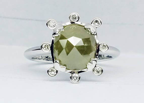 Grey diamond non traditional engagement ring, Raw diamond ring, Rose cut raw diamond ring, White gold engagement ring.