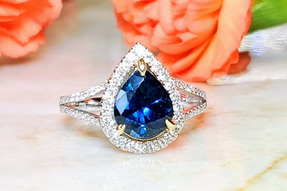 Pear shape Blue Sapphire and Diamond Ring, September Birthstone.