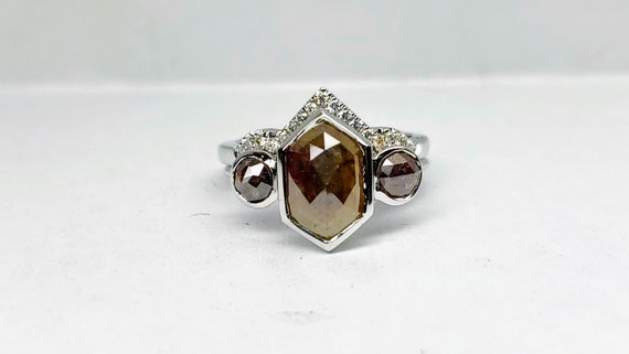 Hexagon Raw Diamond Engagement Wedding Set.