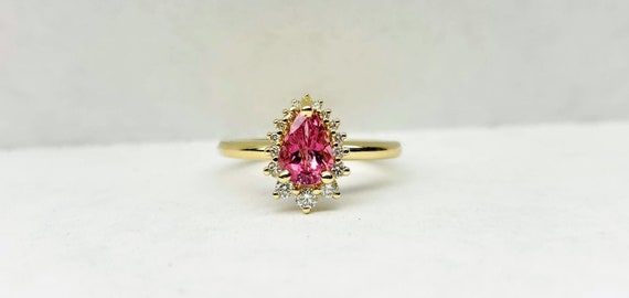 Pink Tourmaline ring, Yellow Gold Ring, Pink Stone Ring with Halo