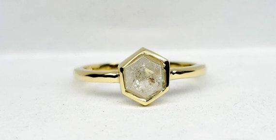 Yellow Gold Hexagon Diamond Ring, Gray Hexagon diamond Ring, Geometric Yellow Gold raw diamond ring