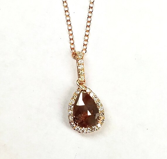 Raw rustic rough rose cut diamond pendant, Pear shape diamond necklace, Chocolate color diamond pendant, Rose gold pendant.