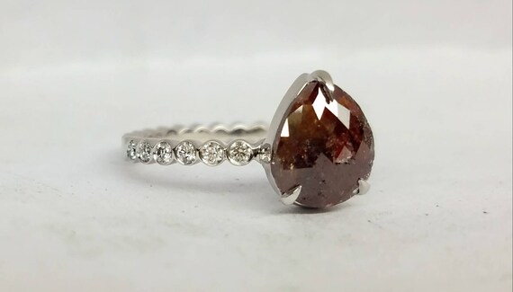 Rose cut brown diamond ring. Raw rose cut chocolate color diamond ring. Pear shape diamond engagement ring, Teardrop diamond ring.