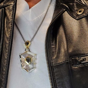 Shield  Valorant Pendant in Silver and 18kt Gold with Black and White Diamonds.