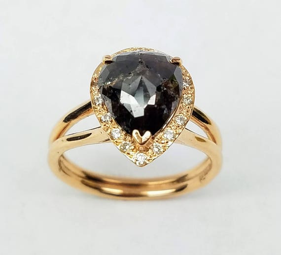 Rose cut diamond engagement ring, Pear shape rough diamond ring, Non traditional ring, Chocolate diamond ring, 14 karat rose gold ring.
