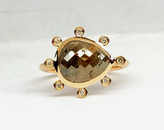 Raw rose cut rough diamond engagement ring, Non traditional ring, Chocolate diamond ring, 14 karat rose gold ring.