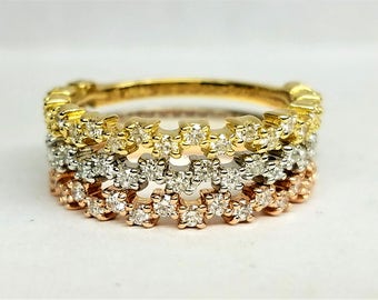 Dainty Diamond wedding band, Diamond anniversary band, Diamond stacking ring,  Delicate diamond ring, tricolor rings.