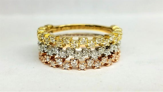 Dainty Diamond wedding band, Diamond anniversary band, Diamond stacking ring,  Delicate diamond ring, tricolor rings.