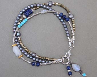 Moonstone Turquoise Lapis Hill Tribe Thai Silver Triple Strand Brass Bracelet Handcrafted Sundance Style