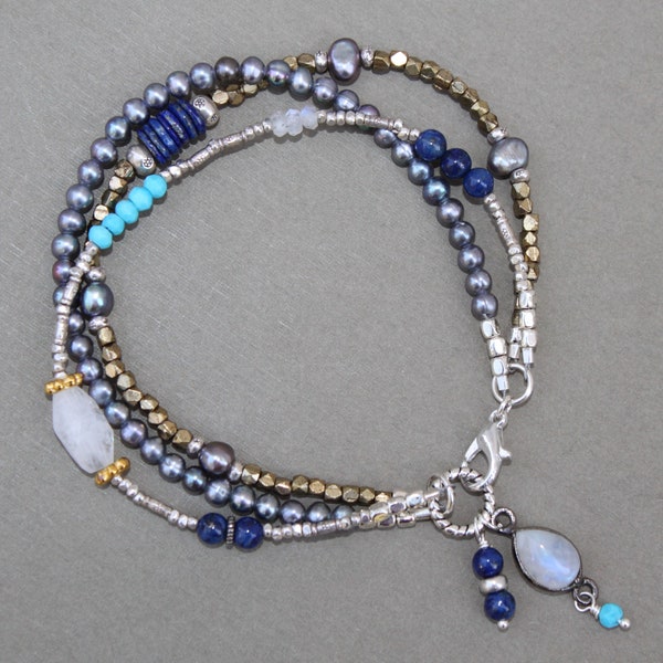 Moonstone Turquoise Lapis Hill Tribe Thai Silver Triple Strand Brass Bracelet Handcrafted Sundance Style