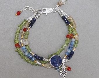 Peridot Sapphire Citrine Carnelian Gem Mix Triple Strand Silver Boho Adjustable Bracelet Handcrafted