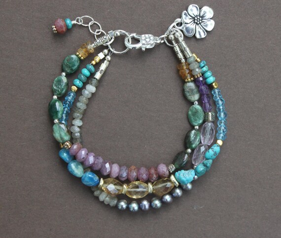 Ruby Citrine Blue Topaz Peacock Pearl Gem Mix Triple Strand Silver