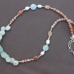 Aquamarine Peach Moonstone Silver Boho Necklace Handcrafted Sundance Style