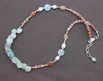Aquamarine Pfirsich Mondstein Silber Boho Halskette Handgefertigte Sundance Style