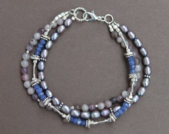 Blue Sodalite Lilac Pearl Lepidolite  Hill Tribe Thai Silver Handcrafted Triple Strand Bracelet