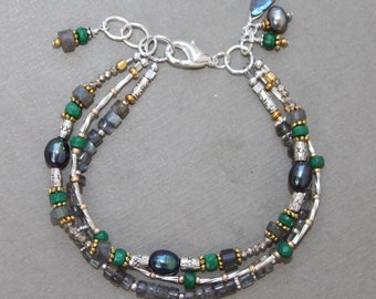 Emerald Labradorite Peacock Pearl Gem Mix Triple Strand Silver Adjustable Bracelet Handcrafted Sundance Style