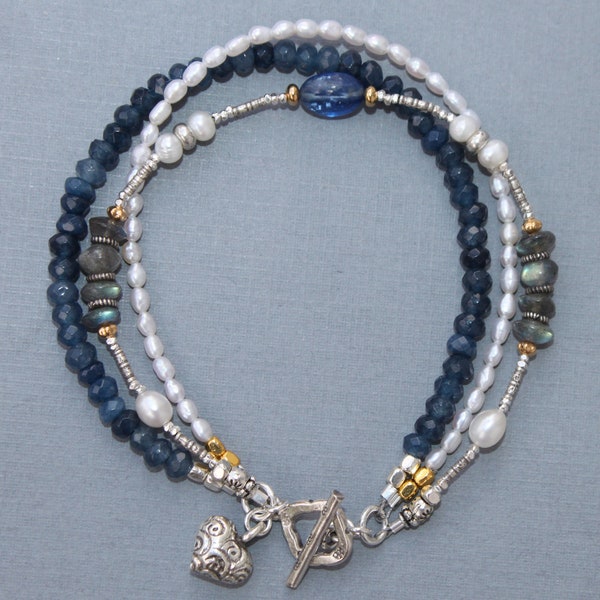 Kyanite Freshwater Pearl Labradorite Thai Silver Handcrafted Triple Strand Sterling Bracelet Sundance Style