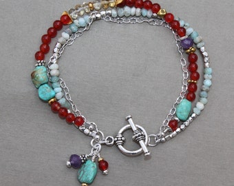 Larimar Turquoise Carnelian Triple Strand Silver Gold Boho Bracelet Handcrafted Sundance Style