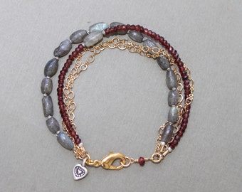 Garnet Labradorite Hill Tribe Thai Silver Gold Chain Quadruple Strand Silver Boho Bracelet Handcrafted Sundance Style