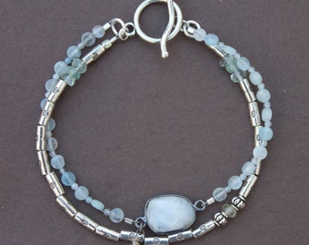 Aquamarine Moonstone Silver Double Strand Silver Boho Bracelet Handcrafted Sundance Style