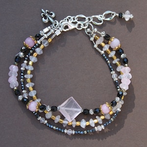 Black Onyx Rose Quartz Pyrite Gem Triple Strand Handcrafted Mixed Gold Silver Bracelet Sundance Style