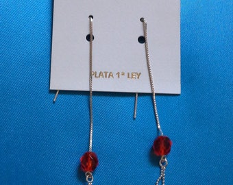 Long Sterling Silver threader earrings. Adjustable length earrings. Sterling silver and red crystal earrings