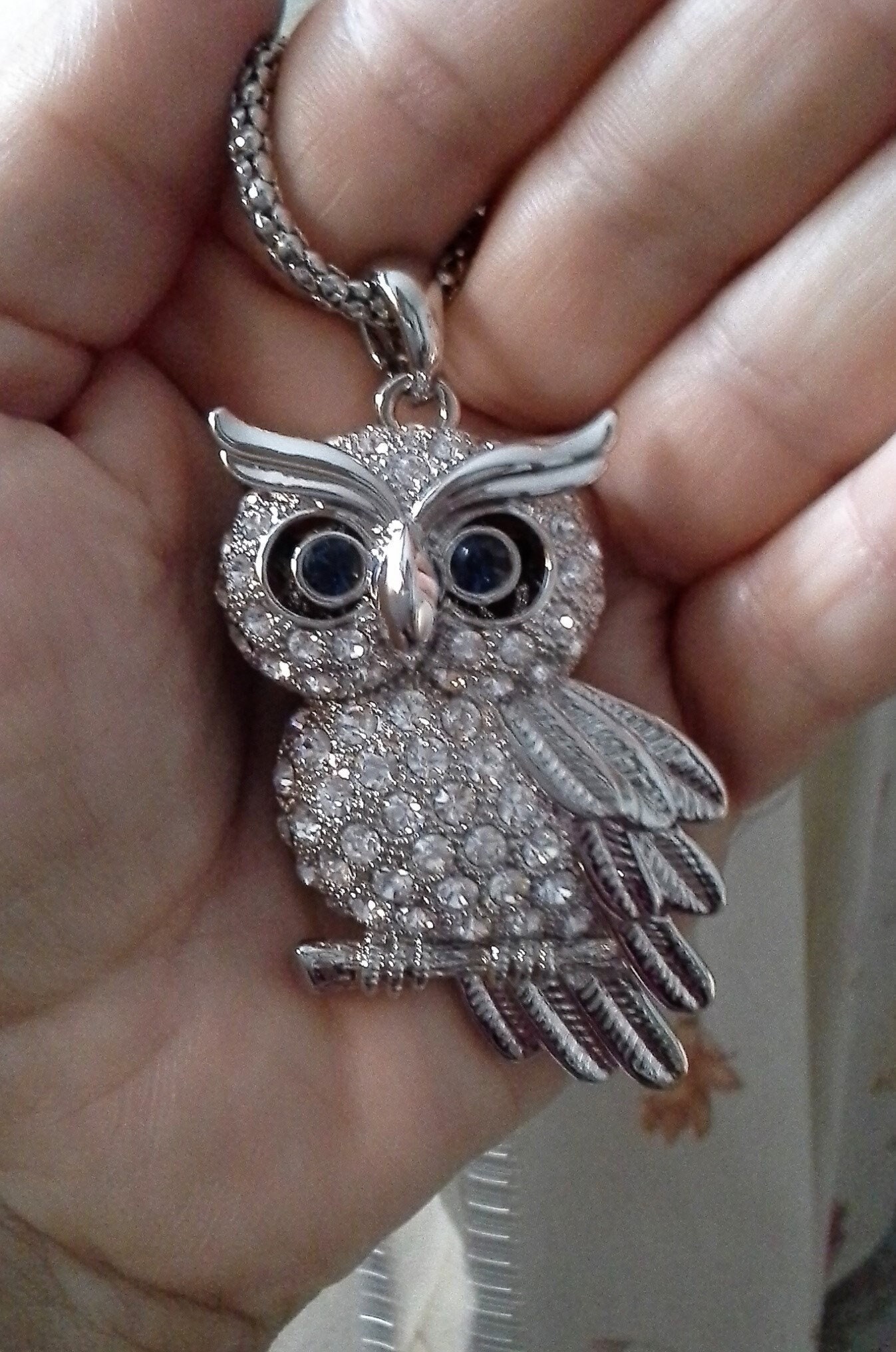 Owl  pendant. Silver plated and crystal  pendant. Vintage pendant. UNUSED