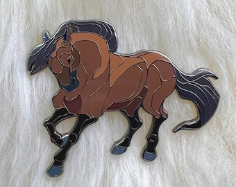 May include: A brown and black enamel pin of a horse running. The horse has a stylised design with geometric shapes.