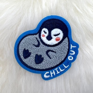 Chill Out Penguin-patch: geborduurde chenille-appliqué
