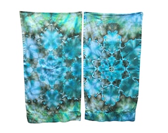 Tie Dye Pillow Cases, King Size, Mandala Design, Greens and Blues