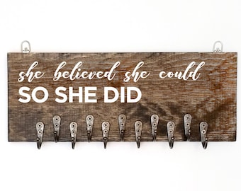 She Believed, Wooden Running Medal Holder, Running Accessories, Gifts for Runners, Marathon Medal Display, Rustic Wall Art, 5k, 10k Marathon