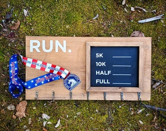 Free Shipping! Wooden Running Medal Holder, 5k, 10k, marathon, Gifts for Runners, Marathon Medal Display, Hand Painted Rustic, Run, chalk