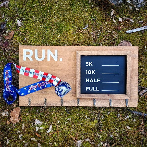 Free Shipping! Wooden Running Medal Holder, 5k, 10k, marathon, Gifts for Runners, Marathon Medal Display, Hand Painted Rustic, Run, chalk