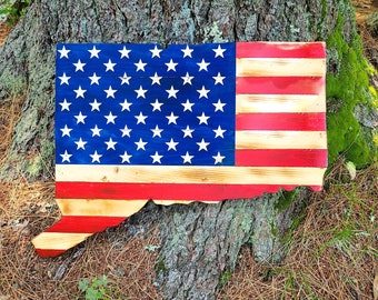 36" Wide United States Flag | Connecticut State Wooden Wall Art | Nature Decor | Cabin Decor | Hand Painted Rustic Art