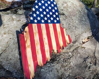 36" Tall United States Flag, Maine State Wooden Wall Art, Nature Decor, Cabin Decor, Hand Painted, Reclaimed Wood, Rustic Art