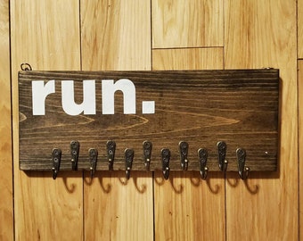 Wooden Running Medal Holder, Running Accessories, Gifts for Runners, Marathon Medal Display, Hand Painted Rustic Upcycled Wall Art, 5k, 10k