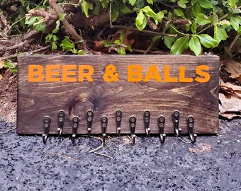 Wooden Beer and Balls Medal Holder, Award, Trophy, Gifts, beer league Medal Display, Hand Painted Rustic